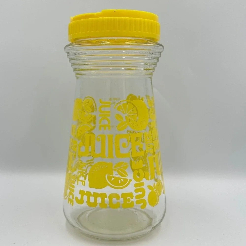 Vintage Yellow Lemon‎ Glass Juice Carafe Pitcher with Flip Top Lid Kitchen